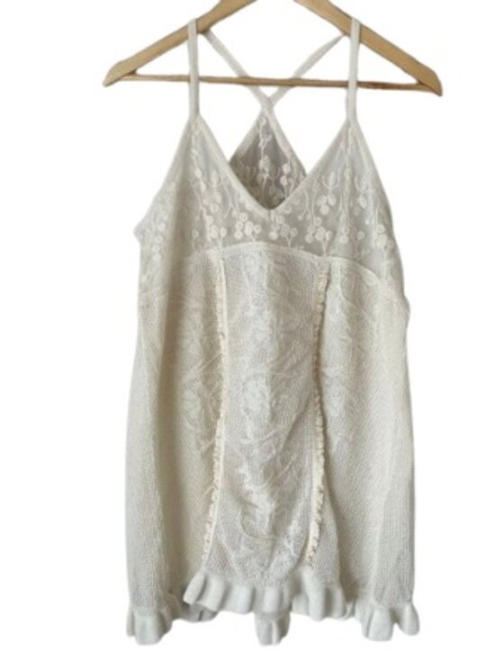 Zara Dresses & Skirts - Zara Racerback Mini Dress Ivory Cream Crochet Lace Ruffled Embroidered Boho US M